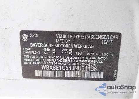 2018 BMW 320I from USA, damaged, VIN WBA8E1G54JNU91136